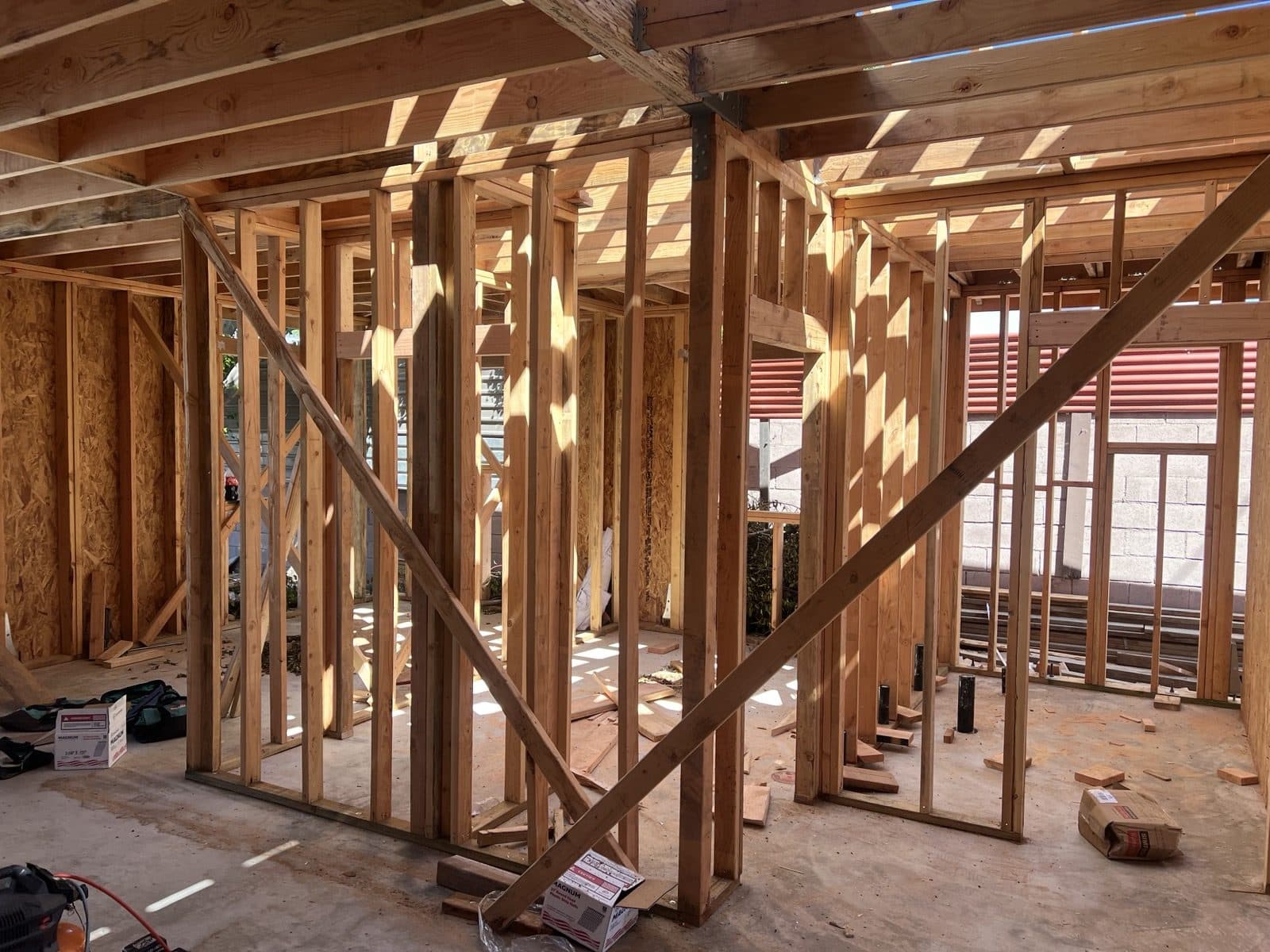 Interior view of the framed walls and openings